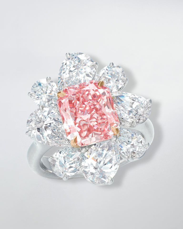 3.42 carat Radiant Cut Fancy Vivid Pink Diamond Ring