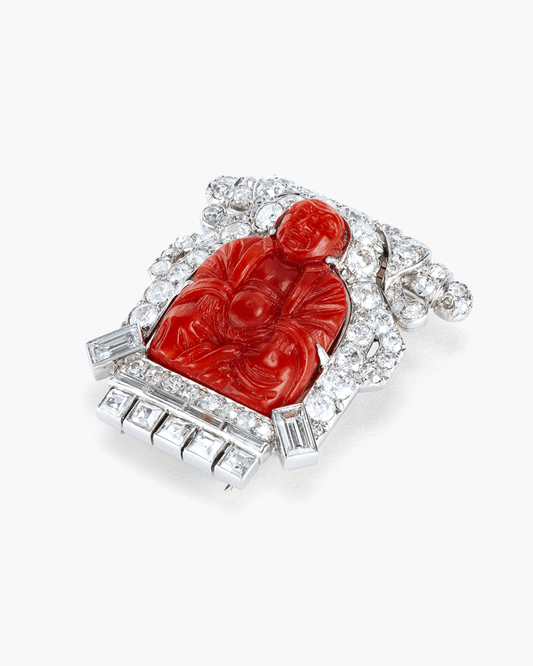 Art Deco Diamond and Coral Buddha Brooch