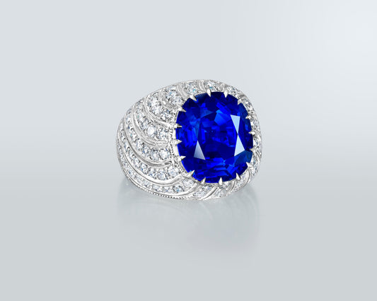 12.41 carat Cushion Cut Kashmir Sapphire and Diamond Ring