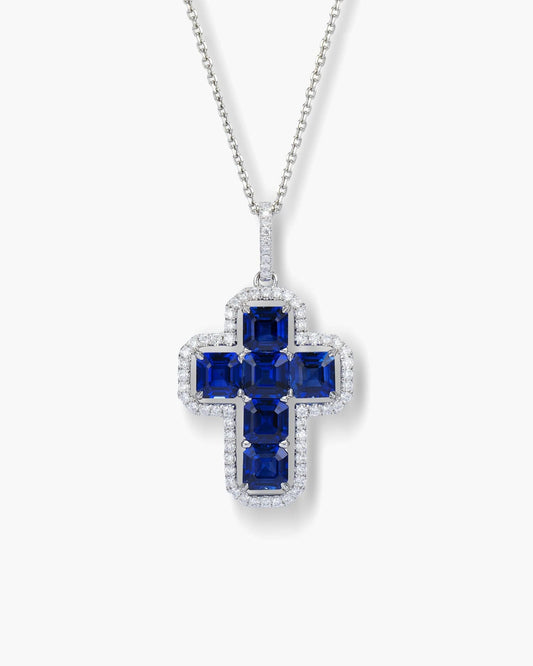 Sapphire and Diamond Cross Pendant Necklace