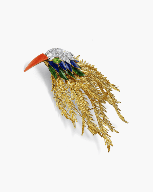 Estate Enamel, Diamond and Coral Bird Brooch by Mauboussin