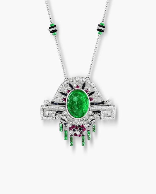 Art Deco Emerald, Onyx and Diamond Pendant Necklace