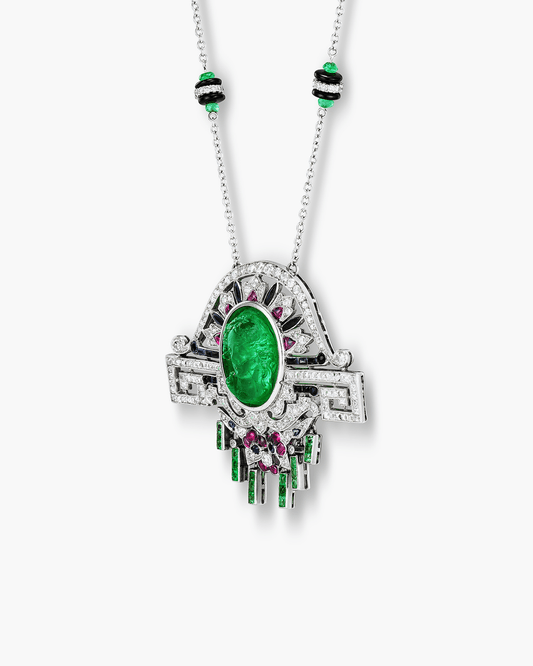 Art Deco Emerald, Onyx and Diamond Pendant Necklace