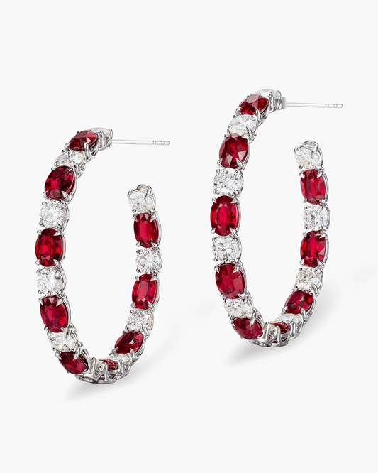 Oval Shape Ruby and White Diamond Hoop Earrings (1.00 carat)