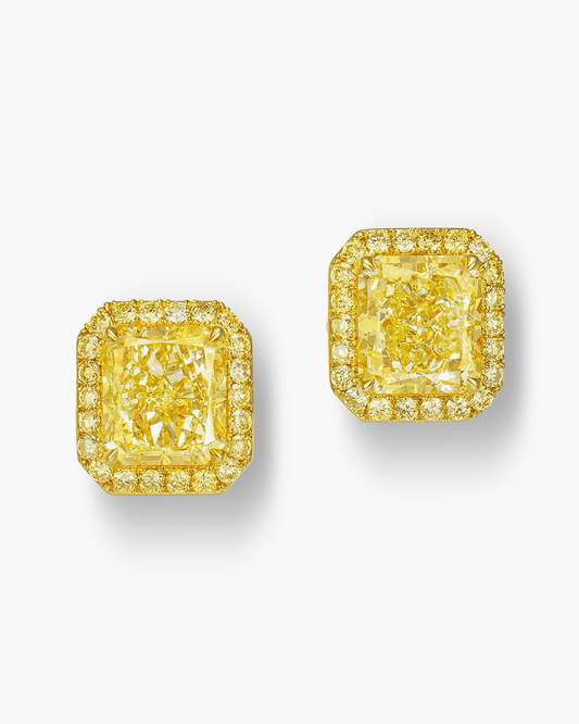 4.46 carat Radiant Cut Fancy Yellow Diamond Ear Studs