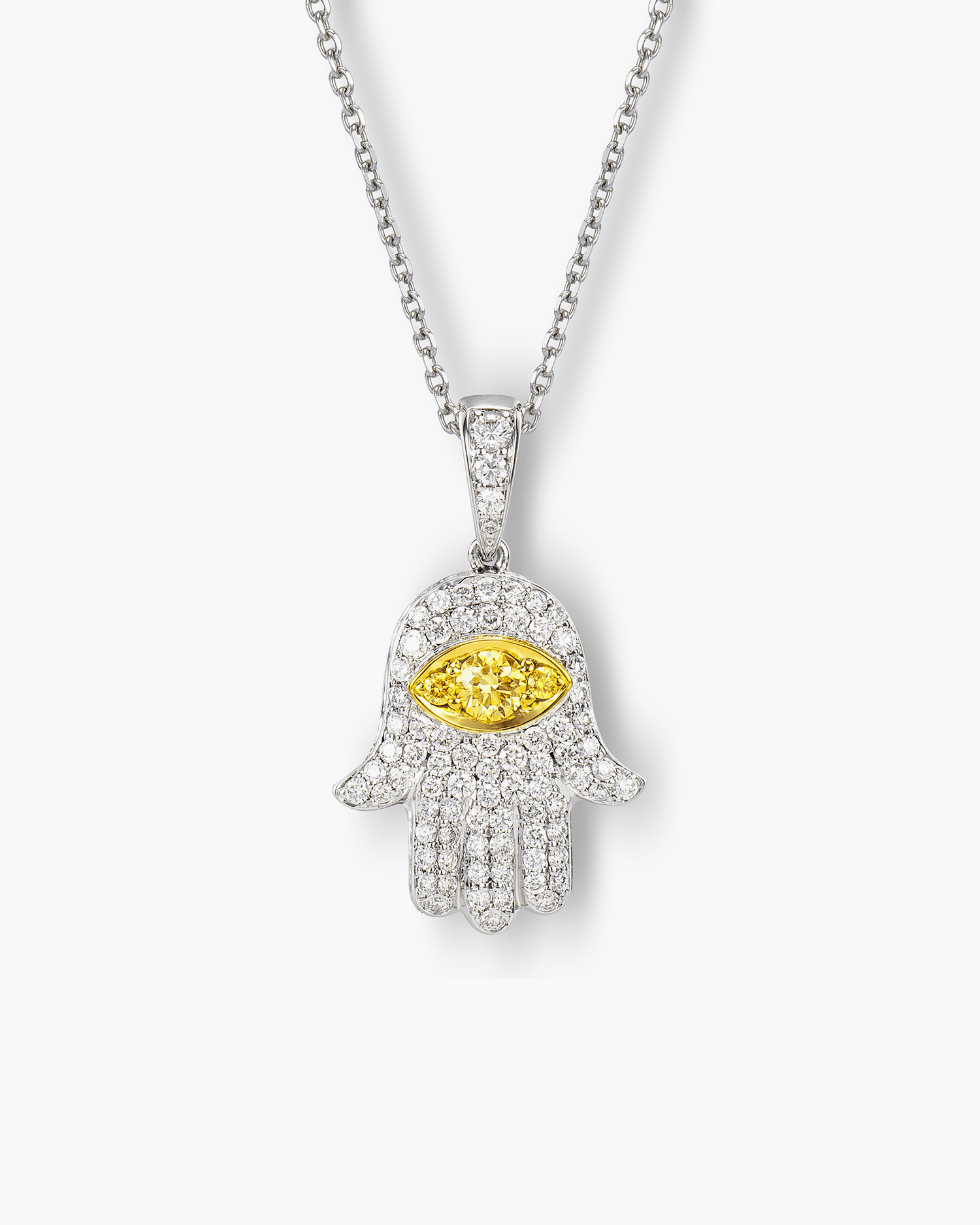 Yellow and White Diamond Hamsa Pendant Necklace, carats