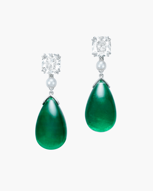 28.43 carat Colombian Emerald, Pearl and Diamond Earrings