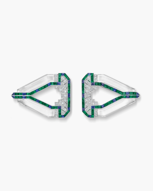 Art Deco Rock Crystal, Diamond, Sapphire and Emerald Double Clip Brooch by Raymond Yard