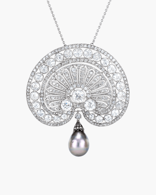 Edwardian Natural Pearl and Diamond Pendant Necklace