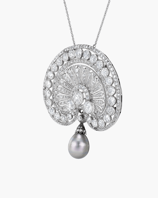 Edwardian Natural Pearl and Diamond Pendant Necklace