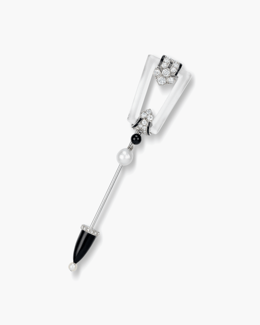 Art Deco Rock Crystal, Enamel, Onyx, Diamond & Pearl Jabot by Cartier