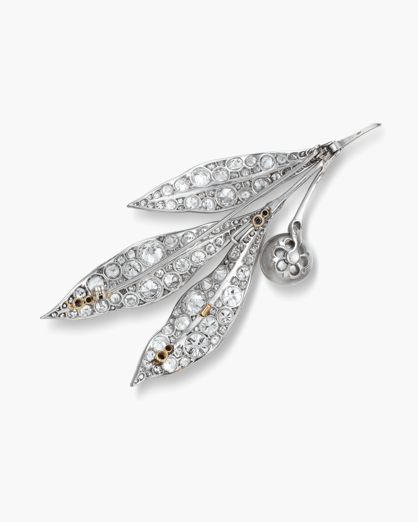 Edwardian Natural Pearl and Diamond Leaf Brooch