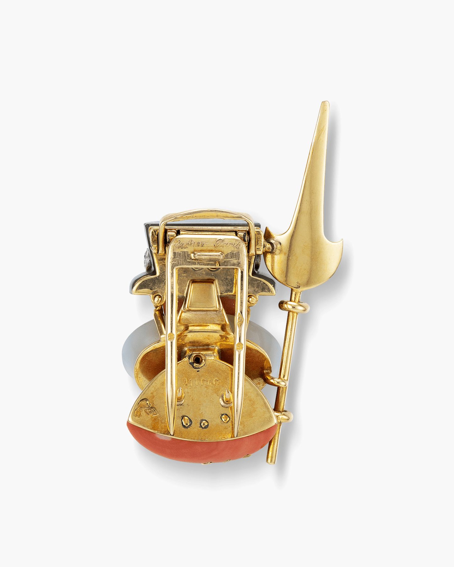 Estate Diamond, Coral, Onyx and Agate Beefeater Brooch by Cartier