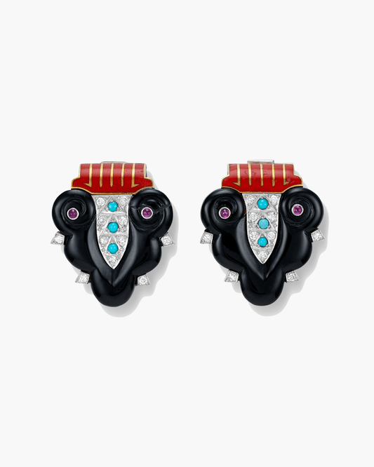 Art Deco Diamond, Ruby, Enamel, Onyx and Turquoise Lapel Clips by Cartier