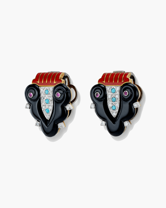 Art Deco Diamond, Ruby, Enamel, Onyx and Turquoise Lapel Clips by Cartier