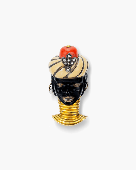 Art Deco Diamond, Lacquer, Coral and Pearl Blackamoor Brooch by Cartier
