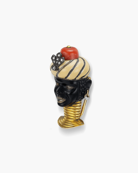 Art Deco Diamond, Lacquer, Coral and Pearl Blackamoor Brooch by Cartier