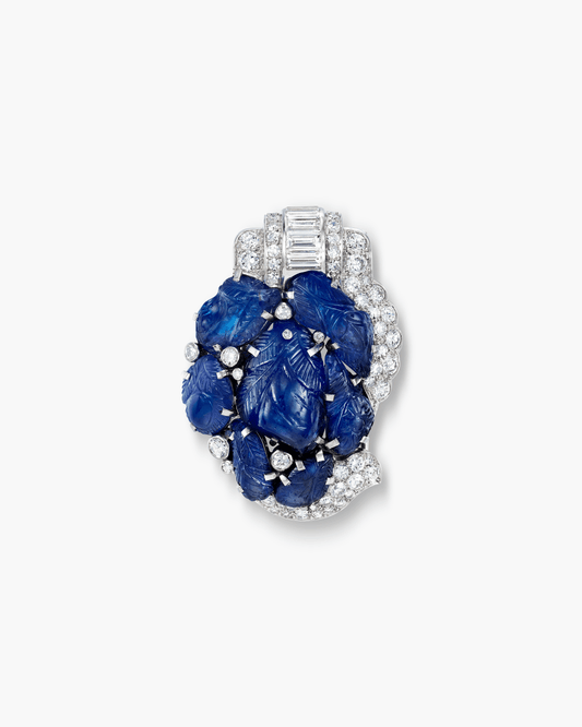Art Deco Carved Sapphire and Diamond Clip Brooch by Cartier