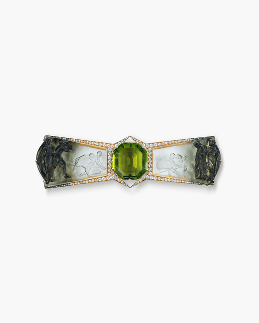 Art Nouveau Peridot, Glass, Diamond and Enamel 'Le Vol de la Pierre' Brooch by René Lalique