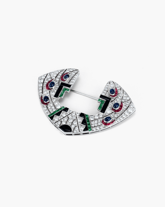 Art Deco Diamond, Sapphire, Ruby and Emerald Onyx Geometric Motif Brooch