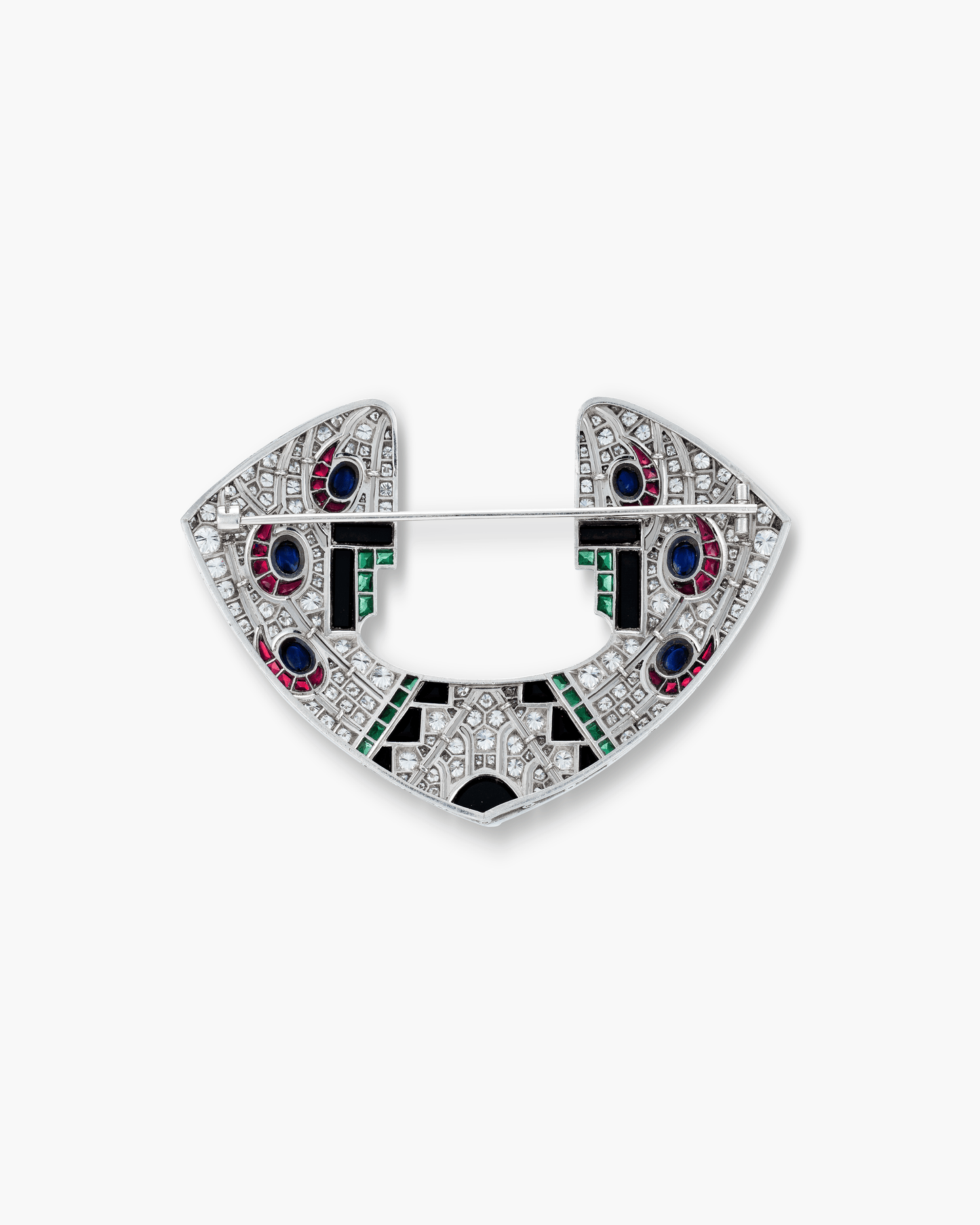 Art Deco Diamond, Sapphire, Ruby and Emerald Onyx Geometric Motif Brooch