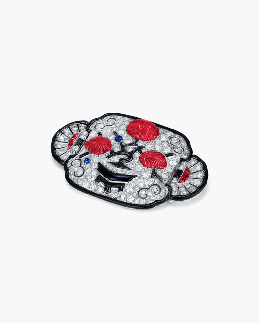 Art Deco Carved Ruby and Diamond Enamel Brooch
