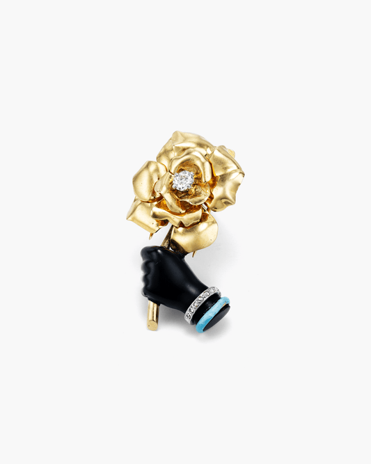 Art Deco Diamond and Enamel Rose in Hand Clip Brooch by Cartier