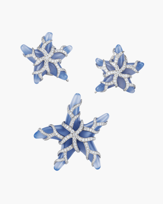 Estate Chalcedony and Diamond Starfish Brooch and Earrings by Tiffany & Co.