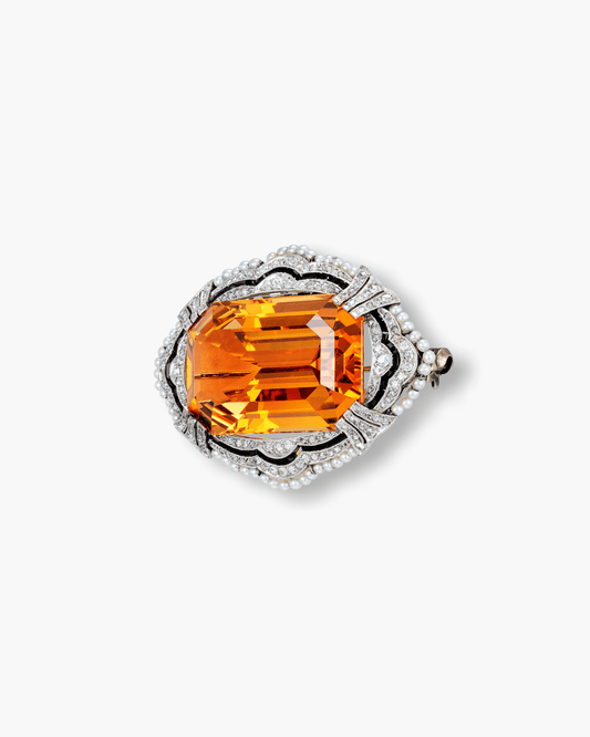 Edwardian Imperial Topaz, Diamond, Onyx and Pearl Brooch