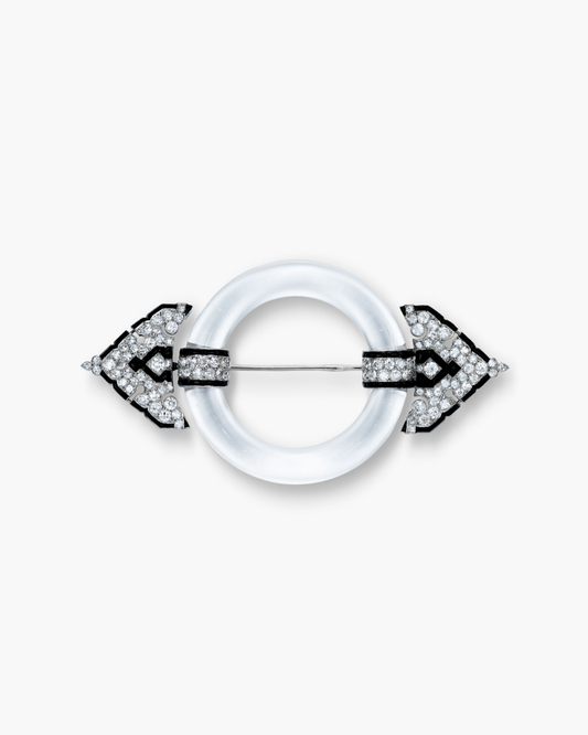 Art Deco Diamond, Rock Crystal and Onyx Buckle Brooch by Cartier