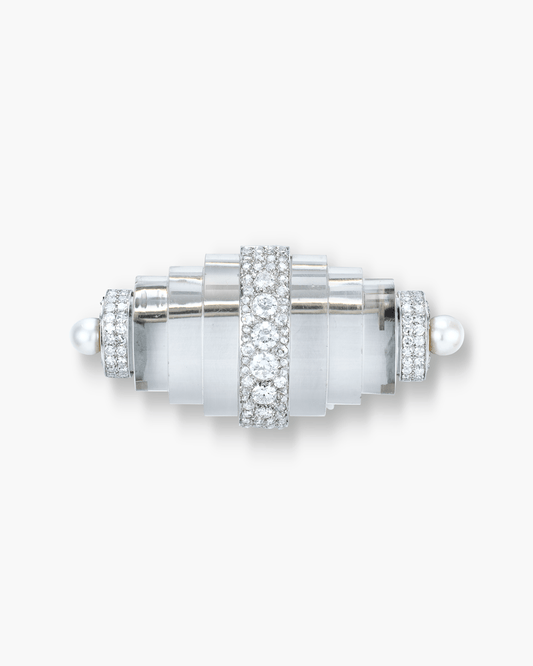 Art Deco Rock Crystal, Pearl and Diamond Tapered Cylindrical Design Brooch by René Boivin