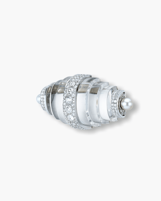 Art Deco Rock Crystal, Pearl and Diamond Tapered Cylindrical Design Brooch by René Boivin