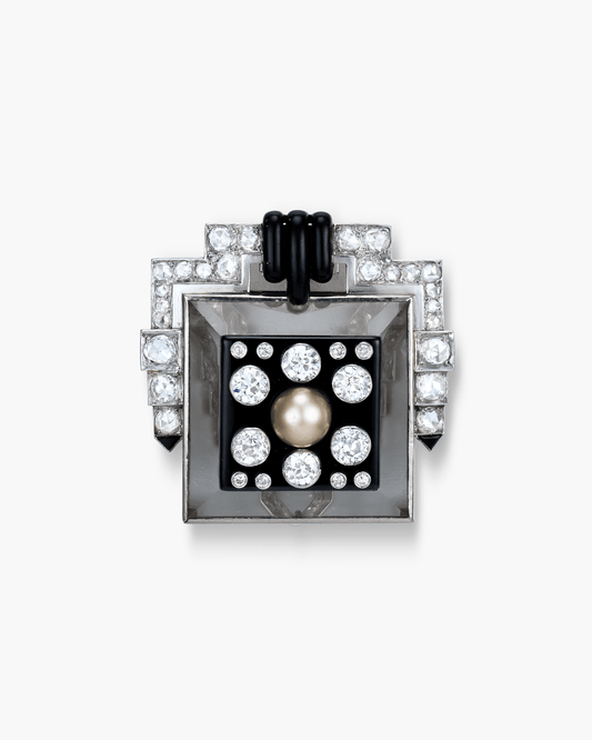 Art Deco Rock Crystal, Pearl, Onyx, Lacquer and Diamond Pyramid Geometric Design Clip by Suzanne Belperron