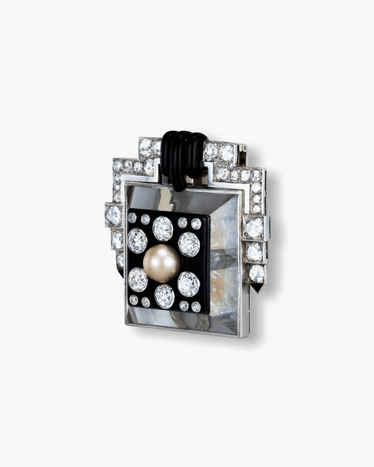 Art Deco Rock Crystal, Pearl, Onyx, Lacquer and Diamond Pyramid Geometric Design Clip by Suzanne Belperron