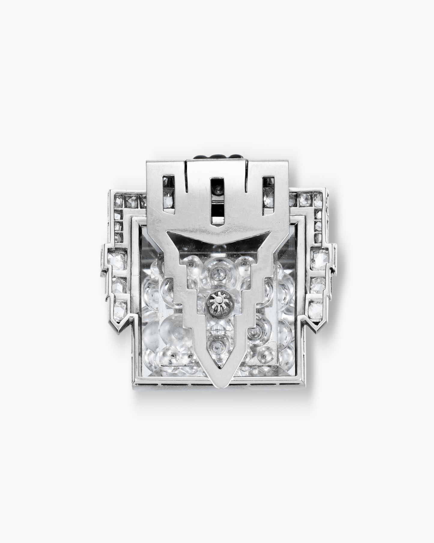 Art Deco Rock Crystal, Pearl, Onyx, Lacquer and Diamond Pyramid Geometric Design Clip by Suzanne Belperron