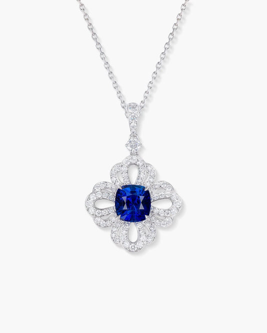 3.35 carat Cushion Cut Ceylon Sapphire and Diamond Floral Pendant Necklace