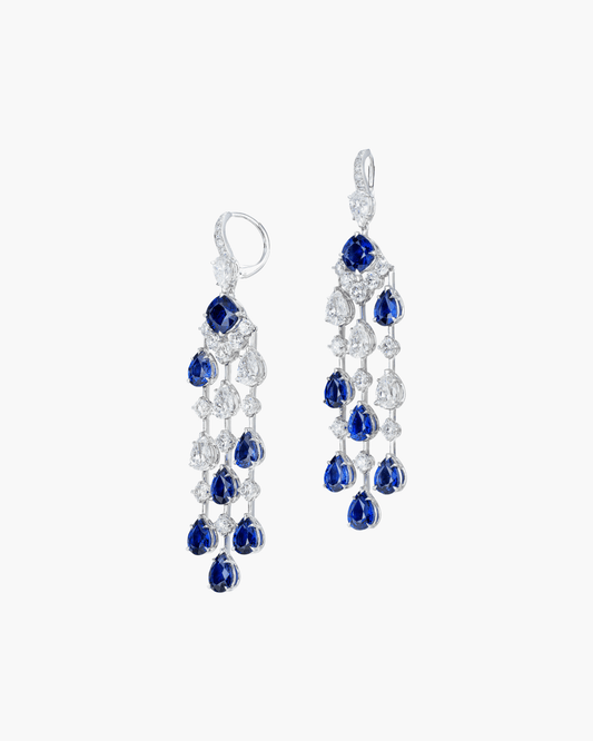 Cushion Cut and Pear Shape Sapphire and Diamond Chandelier Earrings
