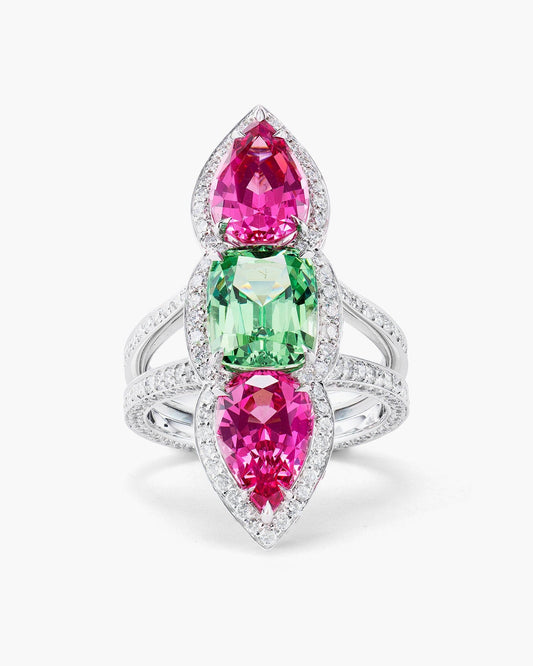 Three-Stone Spinel, Mint Garnet and Diamond Ring