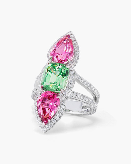 Three-Stone Spinel, Mint Garnet and Diamond Ring