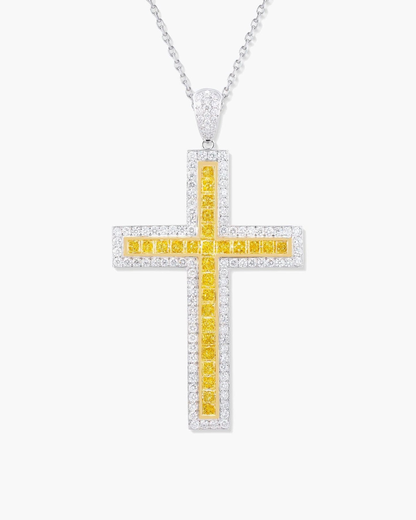 Princess Cut Yellow and White Diamond Cross Pendant Necklace, 7.39 carats