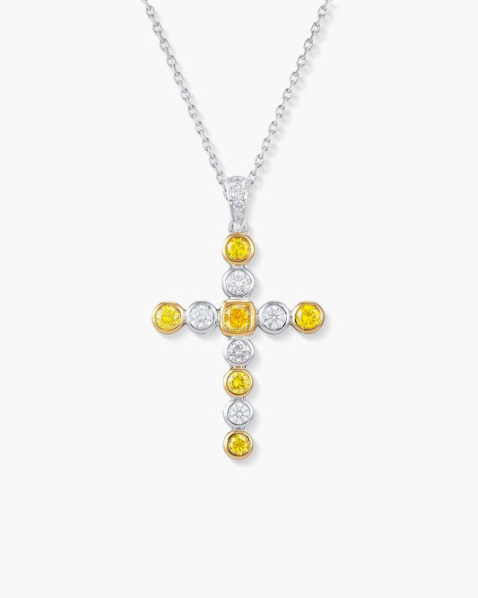 Yellow and White Diamond Cross Pendant Necklace, 1.46 carats