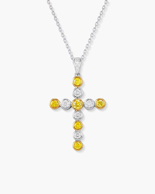 Yellow and White Diamond Cross Pendant Necklace, 1.31 carats