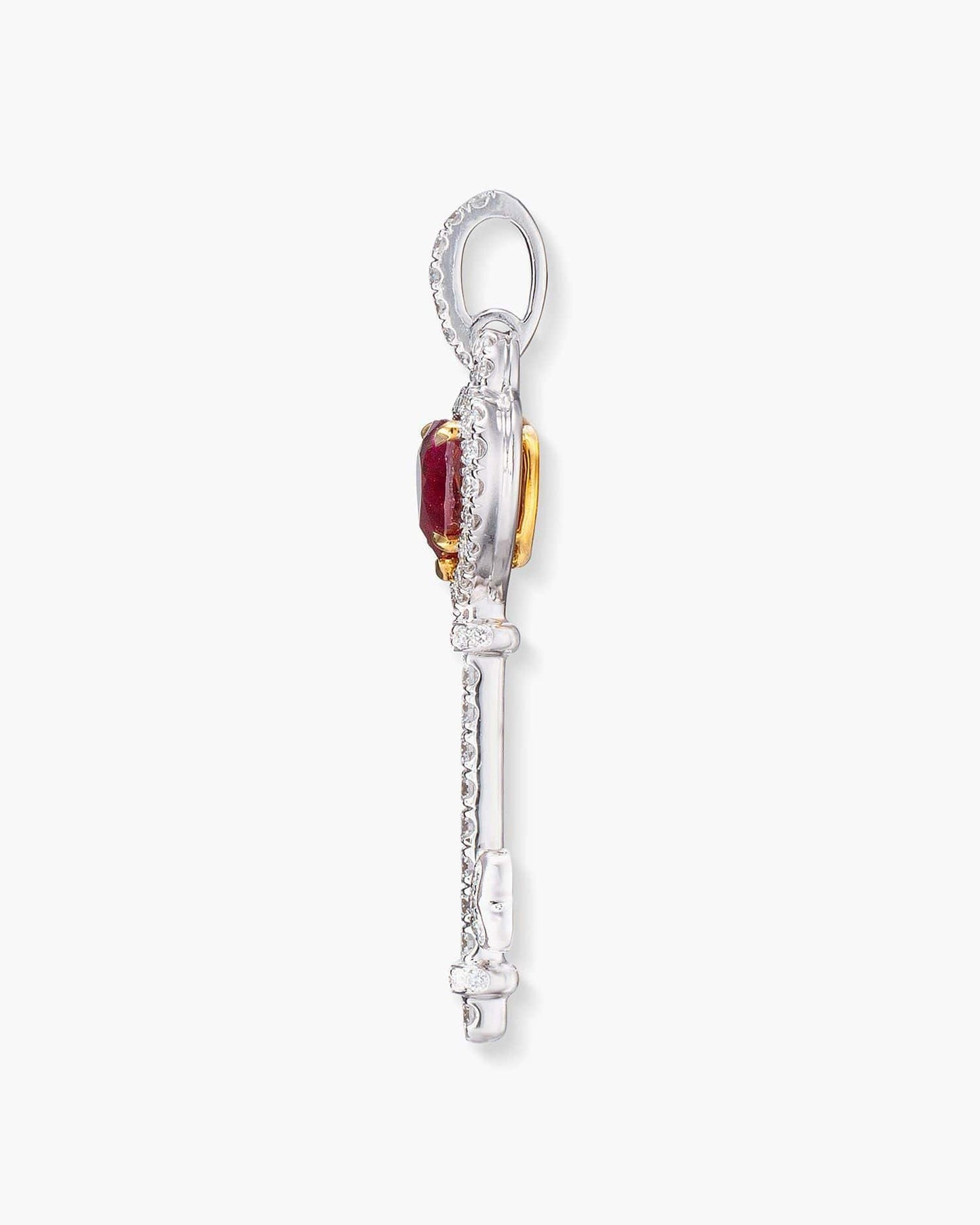 Heart Shape Burmese Ruby and Diamond Key Pendant Necklace, 1.95 carats