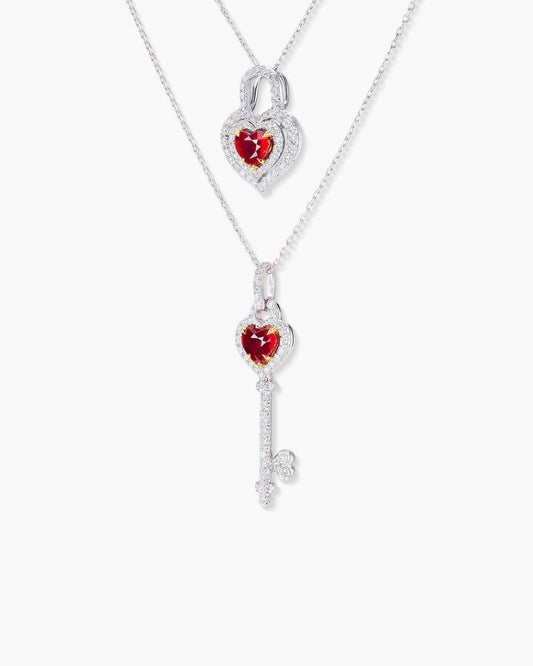 Heart Shape Burmese Ruby and Diamond Lock and Key Pendant Necklace Set, 2.96 carats