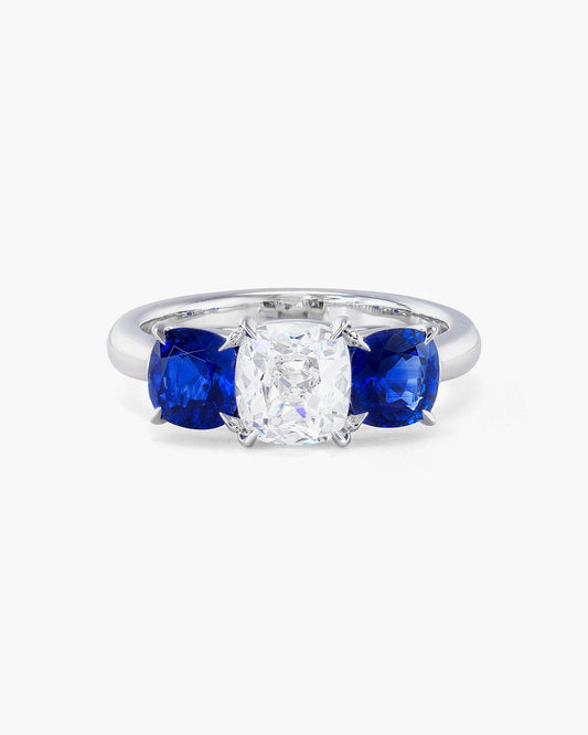 1.13 carat Antique Cushion Cut Diamond and Sapphire Ring