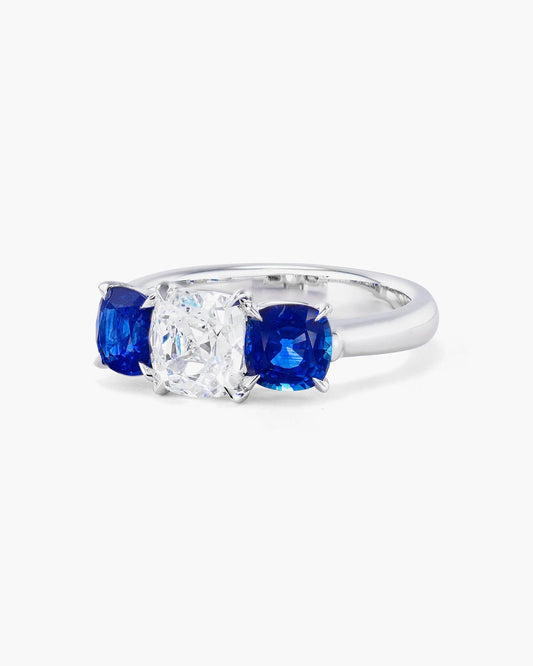 1.13 carat Antique Cushion Cut Diamond and Sapphire Ring