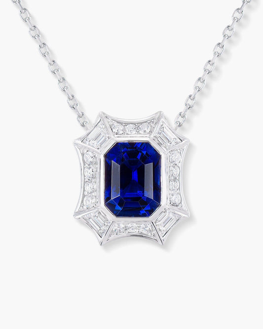 3.01 carat Emerald Cut Ceylon Sapphire and Diamond Pendant Necklace