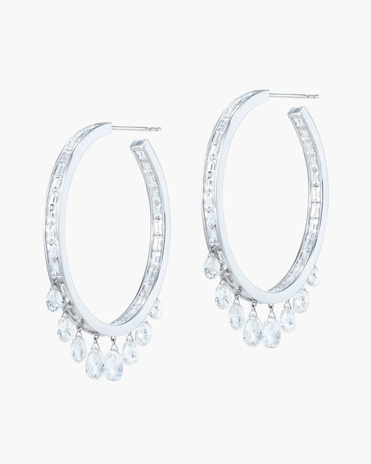 Briolette and Baguette Diamond Platinum Hoop Earrings