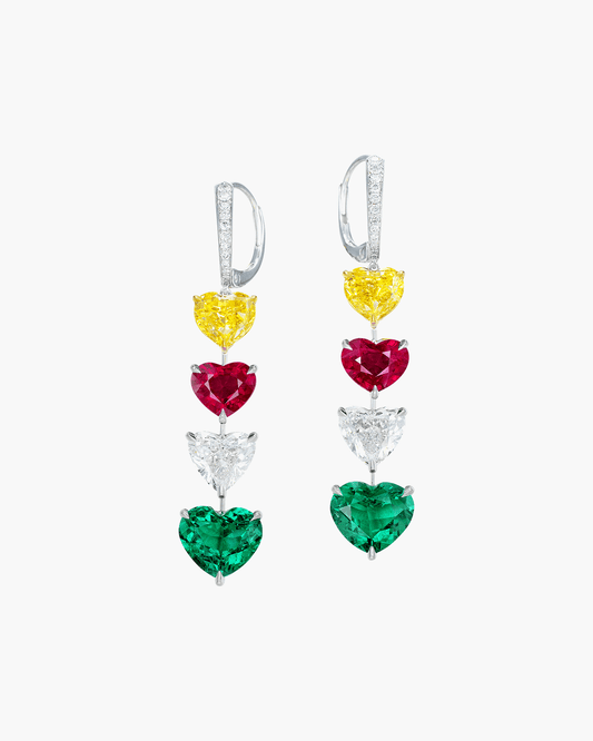 13.13 carat Heart Shape Emerald, Ruby, White and Yellow Diamond Earrings