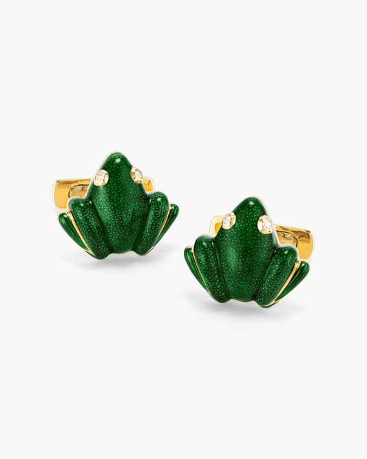 Green Enamel and Diamond Frog Cufflinks